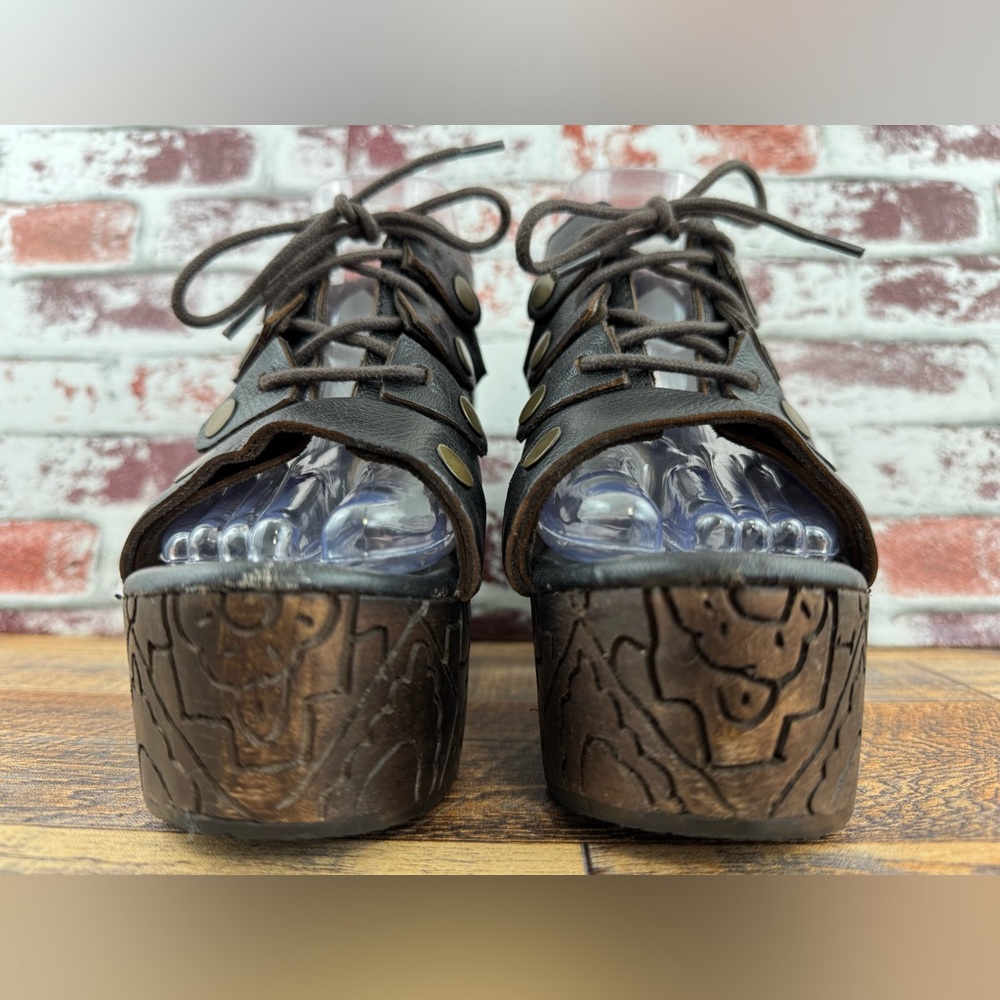 Free People FARRAH Dark Brown Leather / Wood Platform Heels, Women's Size 38 - Picture 5 of 16